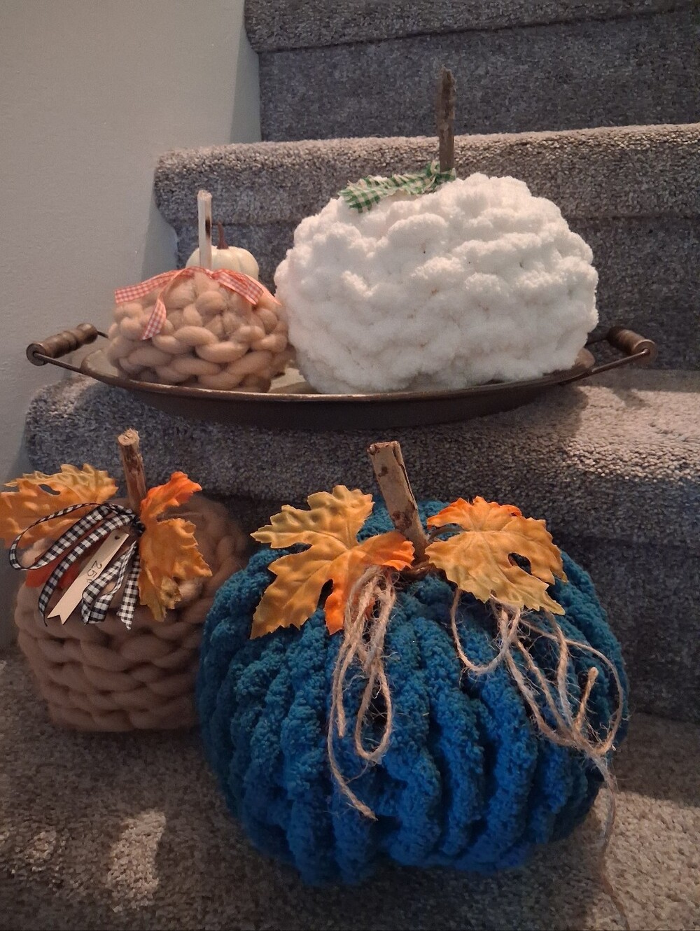 Handmade Chunky Knit Pumpkin Décor Set - Beige and Deep Teal